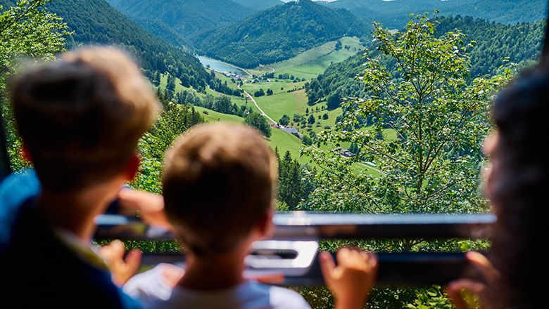 Genießen Sie die einzigartigen Ausblicke während der Bergfahrt., © NB/Wegerbauer Familie schaut auf grüne Landschaft