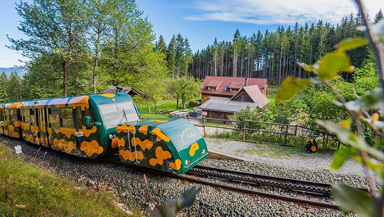Gruppeausflüge am Hochschneeberg, © NB/Kremsl Zahnradbahn Salamander in grüner Landschaft vor einer Hütte